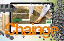 A montage of images showing a plastic energy chain, the Chainge online platform and the plastic granules