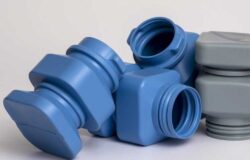 Blue and grey plastic caps made from recycled materials