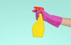 An arm with a hand in a rubber glove is holding a spray bottle.