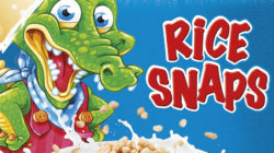 Rice Snaps packaging showing a crocodile and cereal bowl