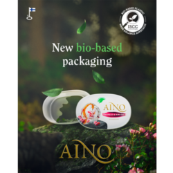 Packaging for Aino brand ice cream, showing a woodland backdrop with a typed logo and a seal.